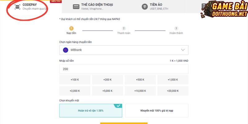 Quy trình nạp tiền Codepay an toàn tại Five88
