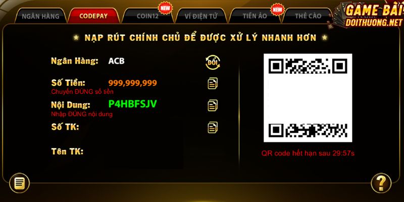 Nạp codepay chỉ từ 30s tại hệ thống uy tín
