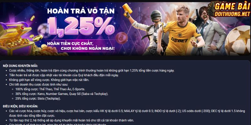 Hệ thống hoàn trả đến 1,25% cho mọi người chơi